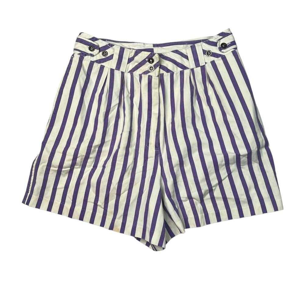 Vintage 90s High Waisted Denim Mom Shorts Striped FLAW Purple White Womens 6/8